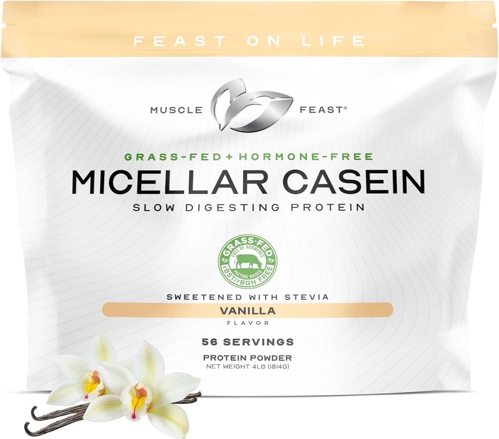 Muscle Feast Grass Fed Micellar Casein Protein Powder, Pasture Raised &amp; Hormones Free, Slow Digesting Casein Protein - Supports Overnight Muscle Recovery, Gluten Free Protein Powder - Vanilla, 4lb