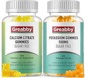 Gummies de potasio y citrato de calcio, libre de azúcar, cloruro de potasio 500 mg, Citrato de calcio 1200 mg, Bone &amp; Muscle Health