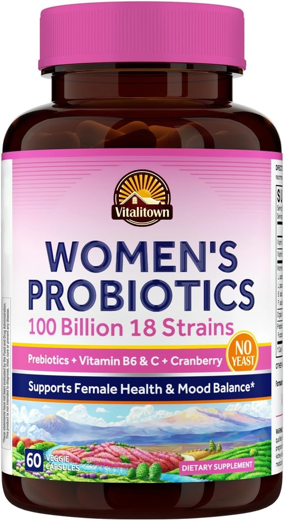 Probióticos para Mujeres Vitalitown ← 100 Billion CFUs 18 Strains ← Prebióticos, VC &amp; B6, Cranberry ¦ Shelf Stable ← Vaginal, Urinary, Digestive &amp; Mood Support ← 60 Vegan Caps