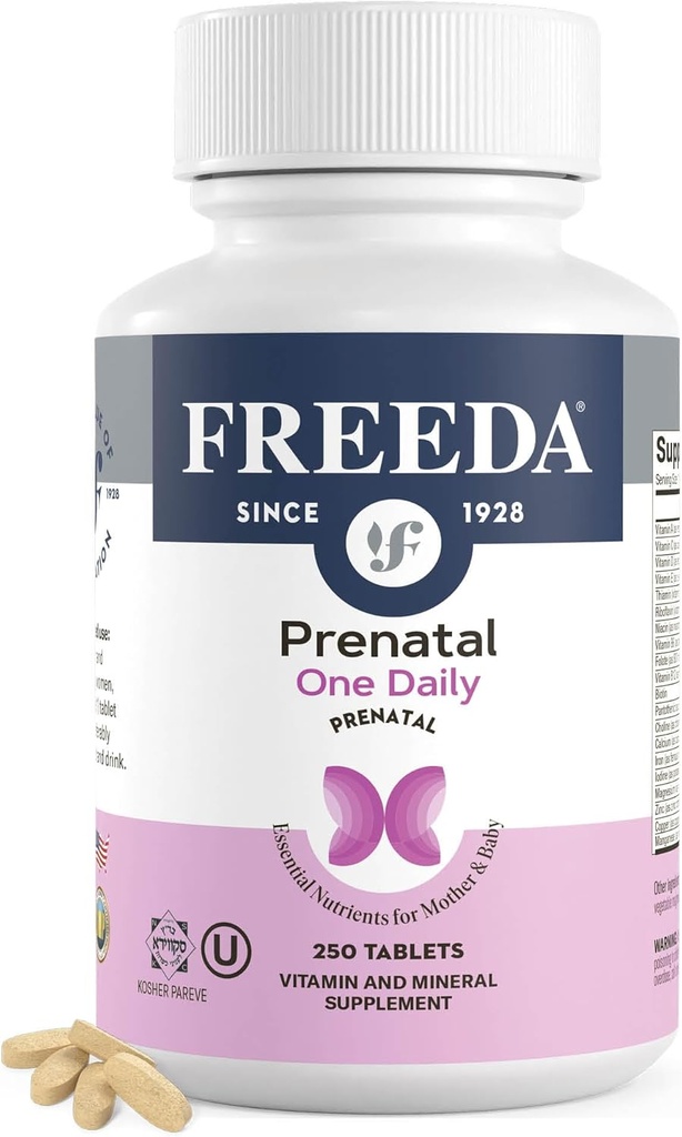 FREEDA Prenatal Vitamina - Kosher Prenatals - Vitaminas Prenatales con Hierro, Ácido Fólico Prenatal, Choline, Vitamina D - One Daily Pre Natal Multivitamin Support for Pregnant " Lactating Women (250)