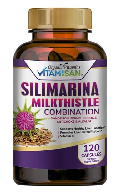 VITAMISAN Milk Thistle silimarina con Dandelion, Fennel. Licorice, Artichoke Alfalfa Detox &amp; Cleaning Formula Support Liver 120 Capsules