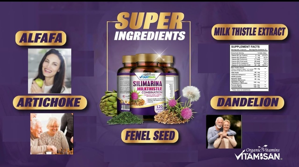 VITAMISAN Milk Thistle silimarina con Dandelion, Fennel. Licorice, Artichoke Alfalfa Detox &amp; Cleaning Formula Support Liver 120 Capsules