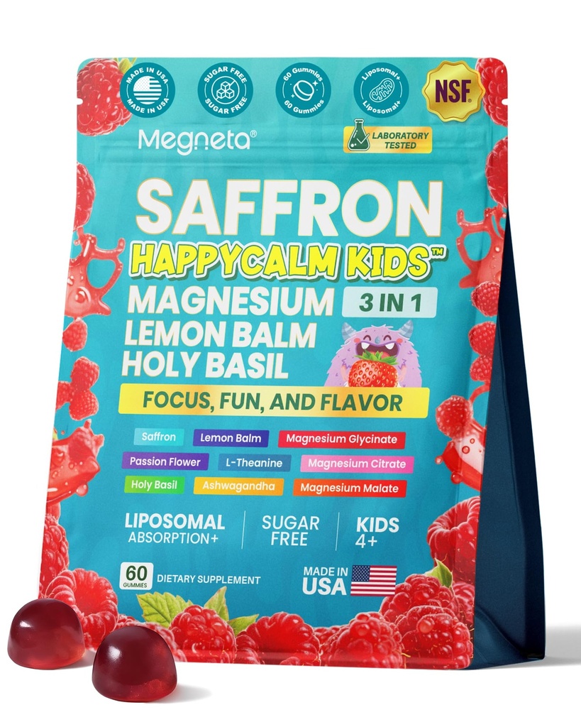Magnesium Gummies for Kids, Happy Calm & Saffron Gummies Kids, Advanced Focus & Calm Support, Magnesium Glycinate Gummies, Ashwagandha & L-Theanine-Magnesium Glycinate Sugar Free-60 Count