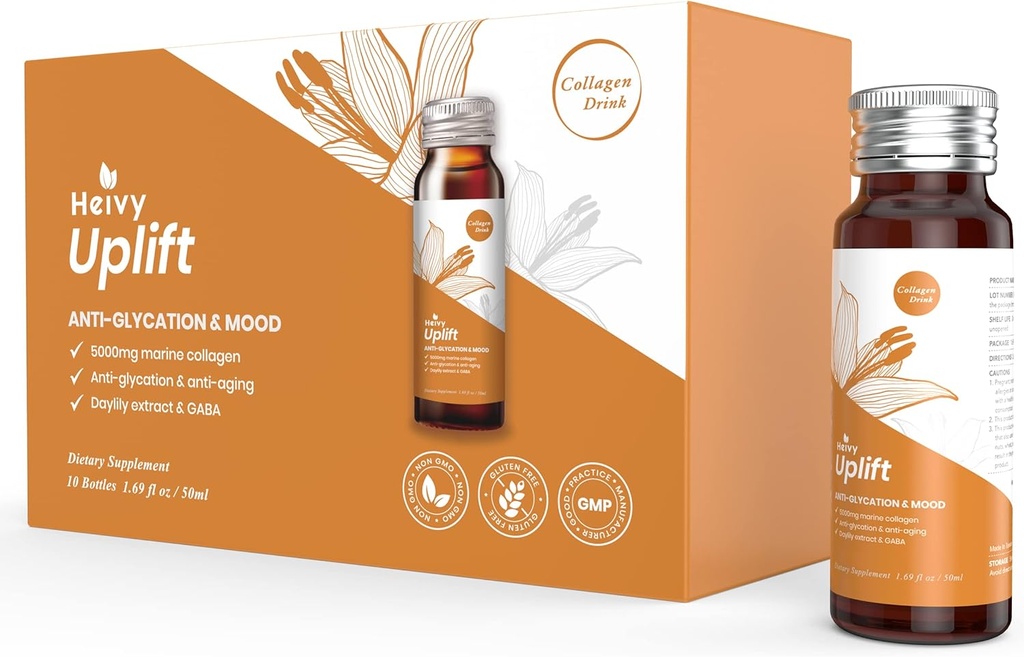 Heivy Liquid Collagen Supplement, Collagen Drink, Collagen Peptides, Age-Defying and Brighten up Your Day, Ageless Beauty, Hydrolyzed Collagen, with CoQ10, 1.69 fl.oz./Bottle (1 Box,10 Bottles)