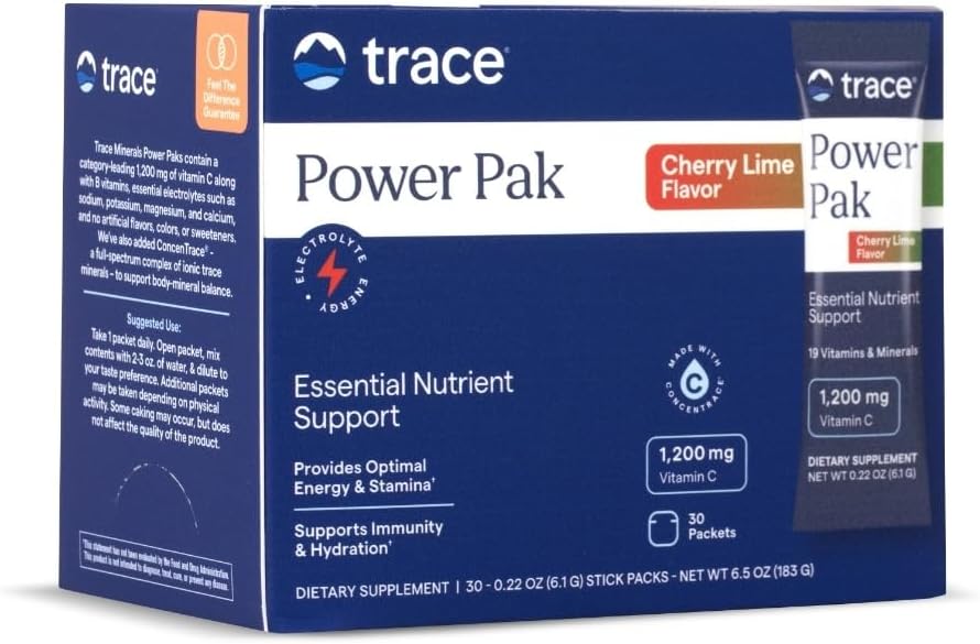Trace Minerals Power Pak - Multivitamin Packets for Essential Nutrient Support - Hydration, Immunity & Energy - Vitaminas Naturales & Minerales - Cherry Lime - 30 Cuenta (30 Servimientos)