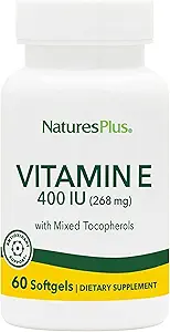 NaturesPlus Vitamina E - 400 iu Mixed D-Tocopherol, 60 Softgels - Easy to Swallow Vitamin E Suplemento, derivado de Natural Soybean Oil - Free-Radical Defense - Gluten-Free - 60 Servimientos