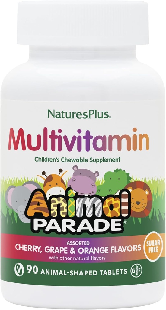 Natures Plus Animal Parade Multivitamina para Niños Libres de Azúcar - Cereza surtida, Grape & Orange Flavors - 90 Tabletas Chewable - 45 Total Servings