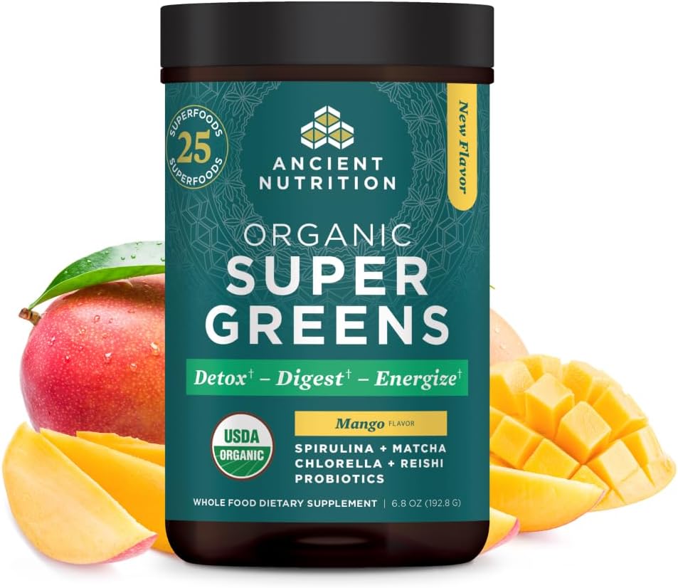 Antigua Nutrición SuperGreens Polvo con Probióticos, Ecológico Mango Flavor Greens, Hecho de Frutas Reales, Verduras y Herbs, Apoyo Digestivo y Energético, 25 Servimientos, 6.8oz