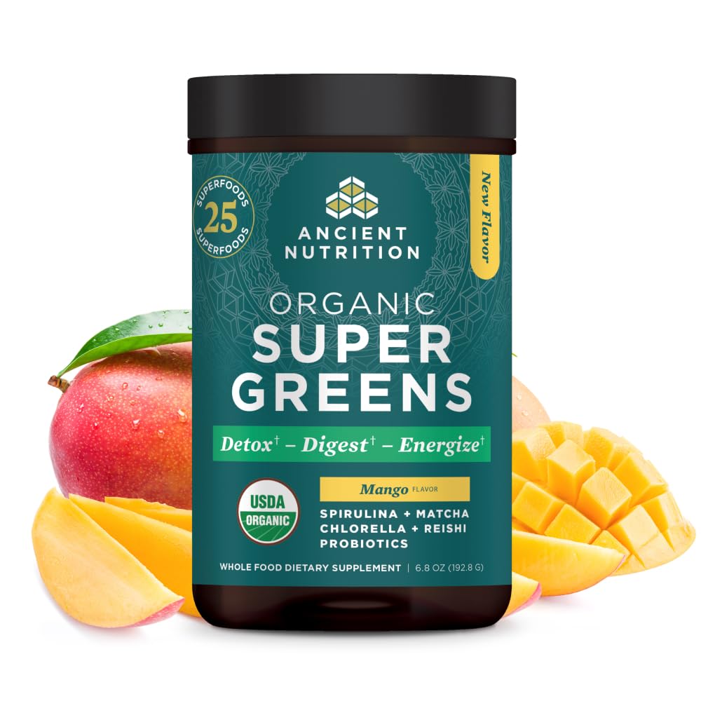 Antigua Nutrición SuperGreens Polvo con Probióticos, Ecológico Mango Flavor Greens, Hecho de Frutas Reales, Verduras y Herbs, Apoyo Digestivo y Energético, 25 Servimientos, 6.8oz