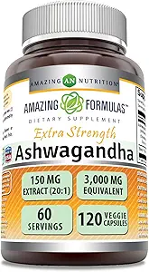 Fórmulas asombrosas Ashwagandha Extracto Suplemento Silencio 150 Mg Extracto (20:1) Silencio Equivalente a 3000 Mg Silencio Veggie Capsules ← Non-GMO ← Gluten-Free Silencio Hecho en EE.UU.