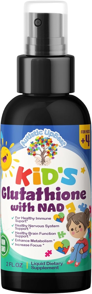 Autistic UpBeat: Kid's Glutathione with NAD Spray – 60 Servings, Antioxidant, Immune Support, Energy Booster, Cellular Health, Detoxification, Brain Function " Cognitive Support, Easy-to-Use