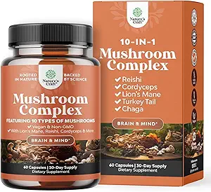 Advanced Mushroom Complex Capsules - 10X Lions Mane Supplement Capsules with Reishi, Chaga, Maitake & Shiitake for Brain Health Memory Support & Focus - Nootropic for Mental Clarity - 60 Caps