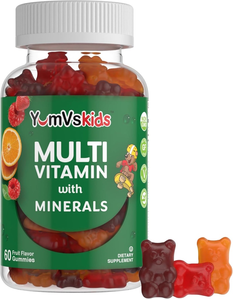 YumVs Kids Multivitamin Gummies - Fruit Flavored Chewable Children's Multivitamin - Kids Vitamins Multivitamin Gummy con 12 Minerales & Vitaminas A C D3 E B6 B12 - Kosher Halal Gluten Gratis (60 Cuenta)