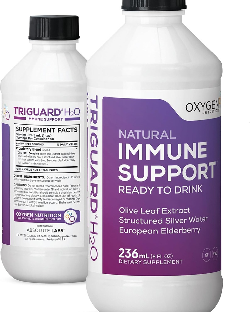 Triguard Plus Colloidal Silver Water, Sambucus Elderberry Extract &amp; Olive Leaf Extract, 3-in-1 Liquid Immune Support Listo para beber ← Powerful Immune System Booster ← Great Taste - 8oz, Made in USA