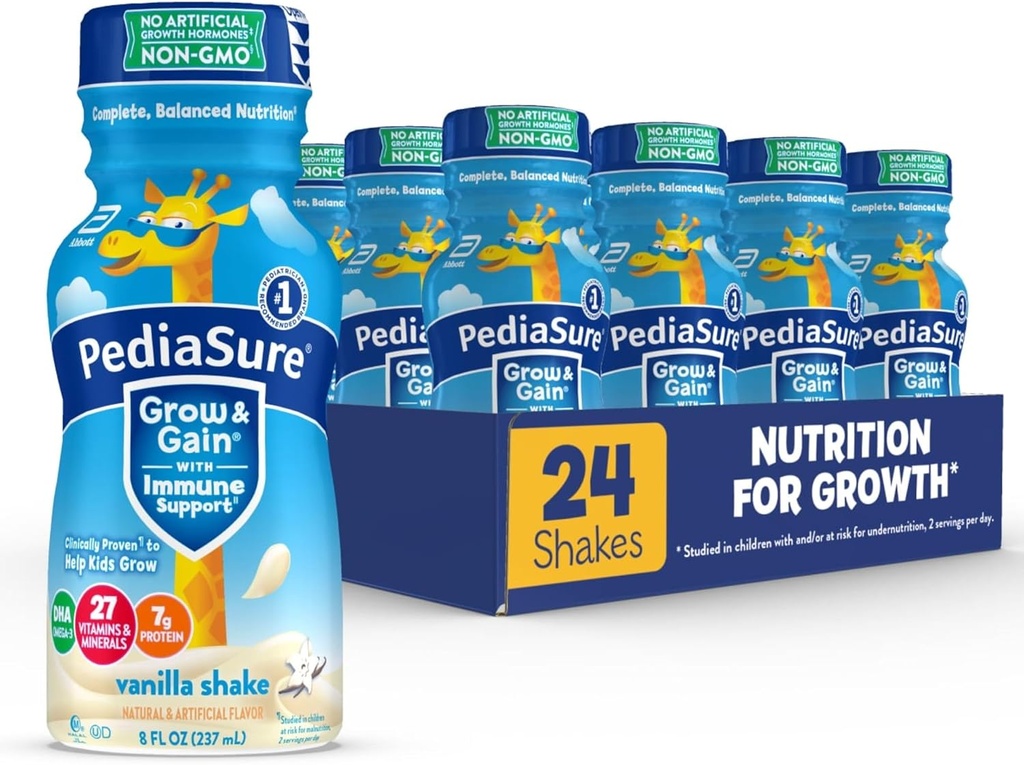 PediaSure Crecimiento y Ganancia con Soporte Inmunitario, 27 Vitaminas &amp; Minerales para Niños, 7g Proteína, No GMO, Libre de gluten, Vainilla, Botella de 8 ml, Pack de 24