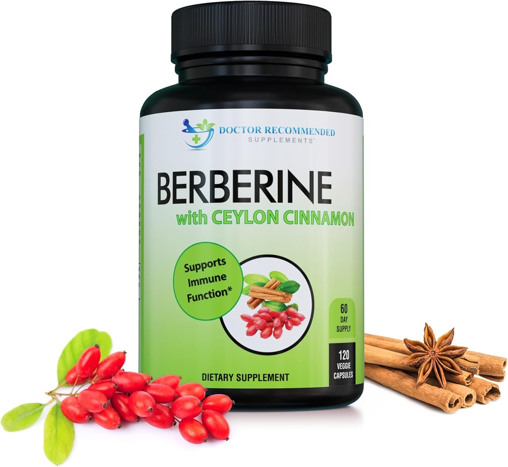 DOCTOR RECOMMENDED SUPPLEMENTS Berberina con canela de Ceylán - 1200mg Berberine &amp; 100mg Ceilán orgánico Cinnamon - 120 cápsulas vegetarianas, sistema sano de inmunología &amp; bienestar gastrointestinal