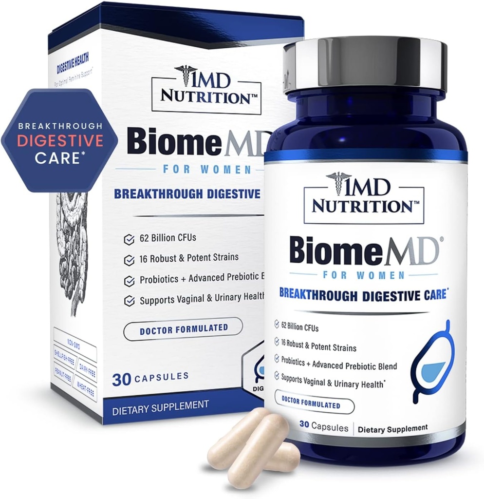 1MD Nutrición BiomeMD Probióticos para Mujeres - Prebióticos y Probióticos diarios para Mujeres - Más de 60 Billones CFUs, 15 Strains - Mujeres Probiótico para apoyar la salud urinaria y vaginal - 30 cápsulas