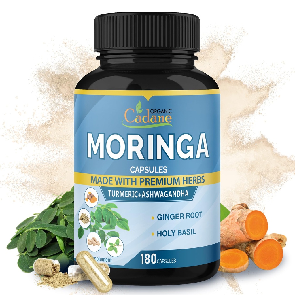 Cadane Moringa Extract Capsules, 6 Months Supply with Ashwagandha Root, Tulsi, Ginger, Turmeric - 180 Capsules