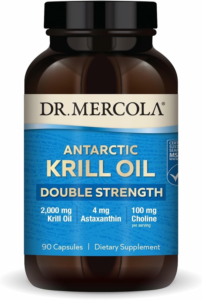 Dr. Mercola Antártico Krill Oil Double Strength - 2,000 mg - Omega-3 Suplemento con EPA & DHA - Apoya Cerebro, Corazón, Salud Conjunta e Inmunitaria - GMO-Free &amp; Gluten-Free - 90 cápsulas (30 servidos)