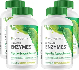 Youngevity Ultimate Enzymes® - Multi Enzymes for Digestion, Gas &amp; Bloating Relief - Betaine HCl, Ox Bile, Pancreatine 10X, Papain 6M, Pepsin 1:3000 (120 cápsulas - 4 Pack)