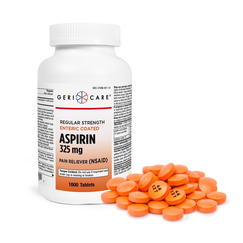GeriCare Enteric Coated Aspirin Tablets 325mg (1000 Count) NSAID Pain Reliever & Fever Reducer for Adults- Regular Strength Aspirin for Headache Arthritis Menstrual & Muscle Pain