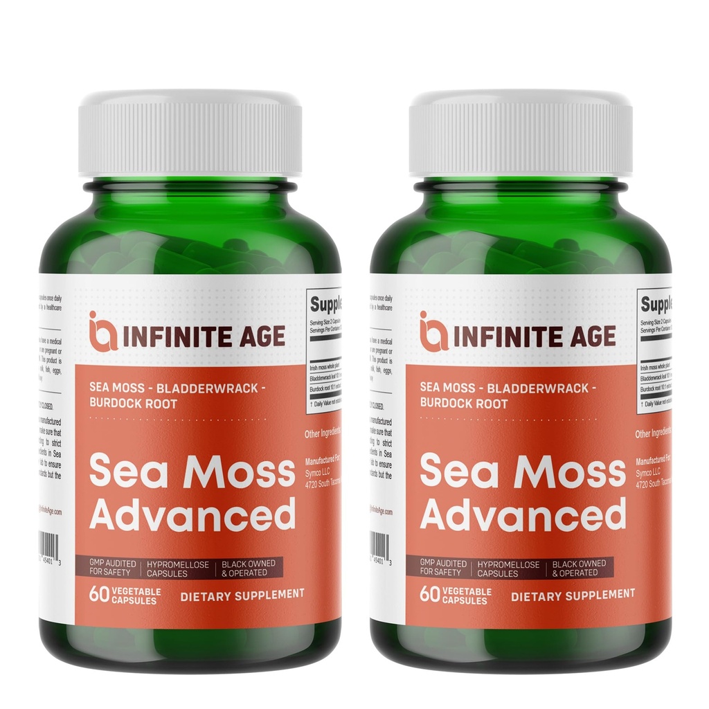 INFINITE AGE 2 Pack of 1250mg Sea Moss Advanced Superfood Capsules, 120 Cuenta - High-Potency, Vegan, Made in The USA - Irish Seamoss, Bladderwrack, Burdock Root - Total Health, Immunity Support