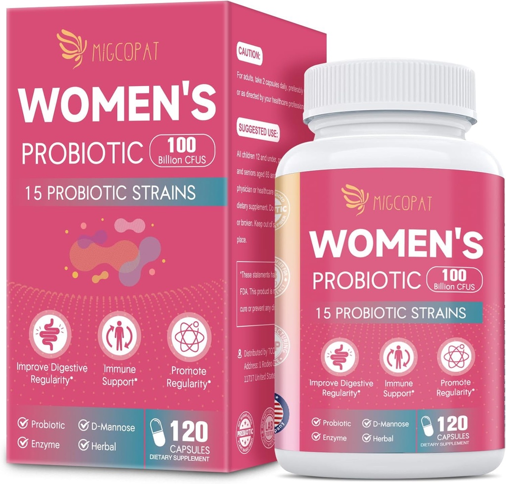 Probióticos para mujeres, 100 millones de mujeres CFU Probiótico con prebióticos, enzimas digestivas, D-Mannose &amp; Cranberry Extract for Immune Support, Vaginal & Urinary Health, Digestive Balance - 120 cápsulas
