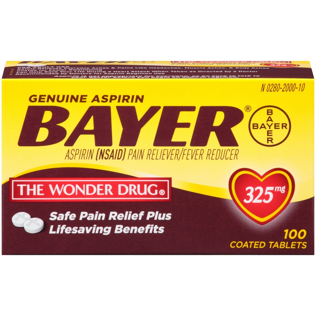 Genuine Bayer Aspirin 325mg Coated Tablets, Pain Reliever and Fever Reducer, 100 Count
