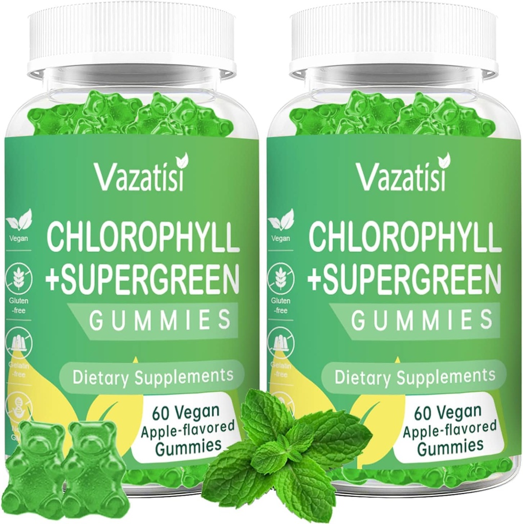 2 Pack Chlorophyll Gummies with Organic Supergreens, Natural Antioxidant, Energy Boost, Immune Support, Digestion, Skin Care, Women &amp; Men, Adult &amp; Kid - 120 Vegan Organic Gummies