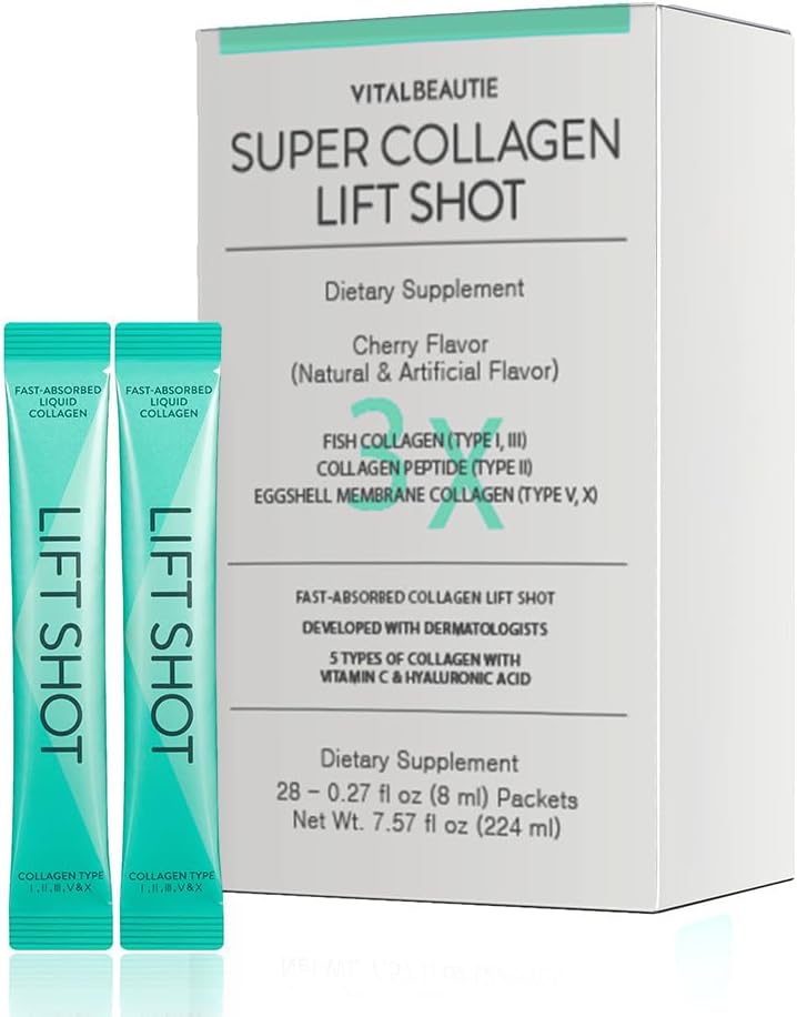 VITALBEAUTIE Líquido Collgen para Mujeres, SuperCollagen Lift Shot - Premium Multi Collagens Peptides Tipo I, II, III, V, X 1500mg con Hialurónica, Vitamina C, Tercera Parte Certificada, Alta Absorción