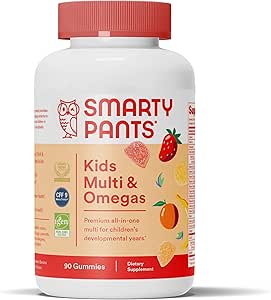SmartyPants Kids Multivitamin Gummies: Omega 3 Fish Oil (EPA/DHA), Vitamina D3, C, Vitamina B12, B6, A, K & Zinc for Immune Support, Biotin, Gluten Free, Three Fruit Flavors, 90 Conde (22 Day Supply)