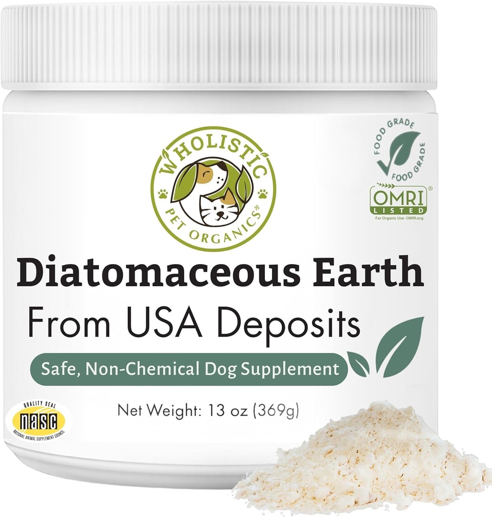Wholistic Pet Organics Diatomaceous Earth - Grado de alimentos para perros " Cats - 13 Oz - Multi Use Powder - Pet Safe Non-Chemical Freshwater Sourced Silica Supports Global Health - Freshly Made in USA