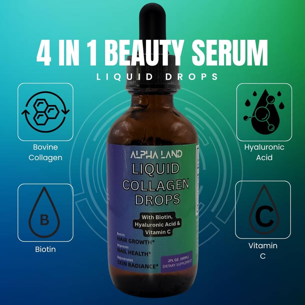 Collagen líquido - Ácido hialurónico, Biotina, Vitamina C, Hidratación de la piel, Crecimiento del cabello, Fuerza de uñas - Suplemento del suero de belleza anti envejecimiento (Formato de gota)