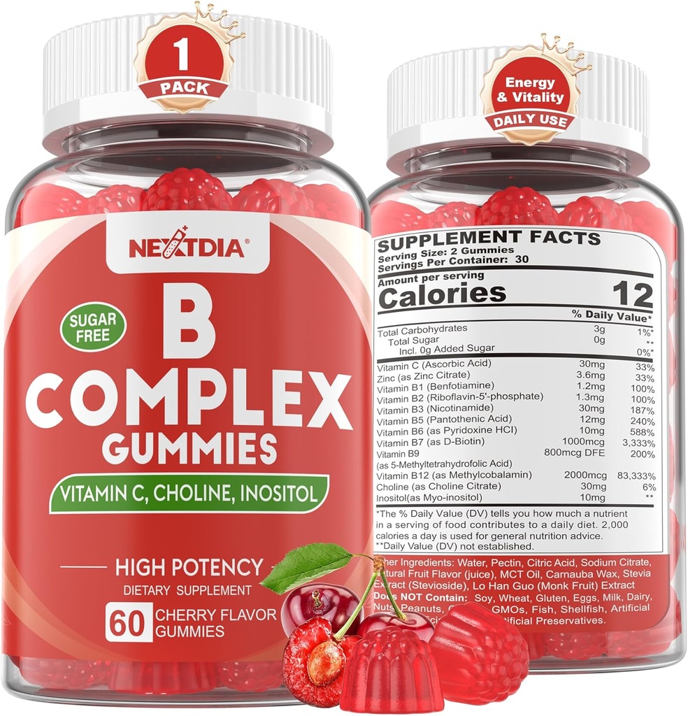 Complejo de vitamina B Gummies, Vitamina Vegan B Gummies con 2000 mcg Methyl B12, Metil Folate tención Plus Choline + Inositol, Vitamina C + Zinc para soportes Energía, Mood, Immune, Pelo sano, Piel - 60 Cts
