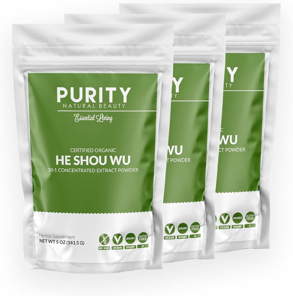 Certified Organic He Shou Wu - Grande 5oz Bolsa de 30:1 Concentrado-Fo-ti - Orgánica Foti Extracto- Fo ti He Shou Wu Orgánica (Pack of 3-15 Ounces)