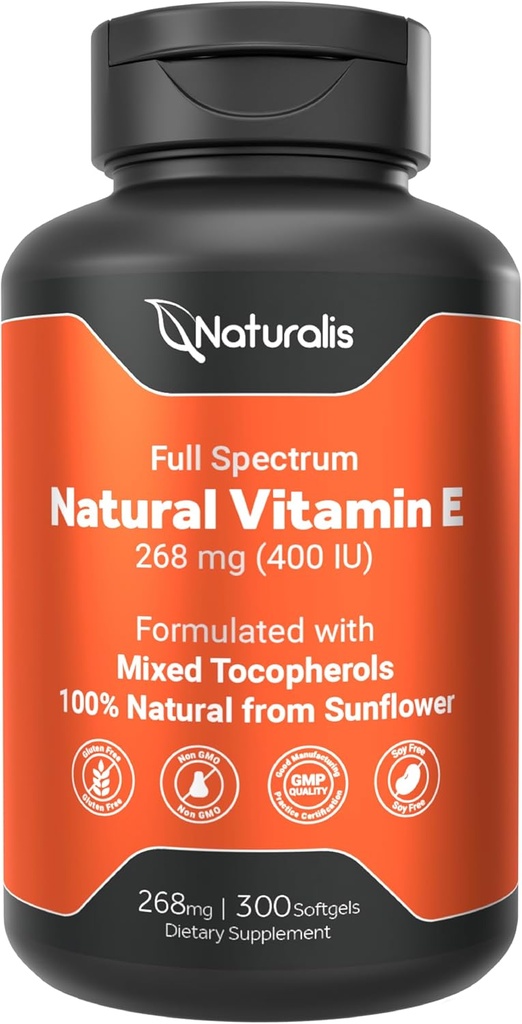 Naturalis Sunflower Vitamina E 268mg (400 UI) con Tocopherols mixtos ← Esquí esencial Vitamina &amp; Apoyo inmunitario ← No GMO, Soy &amp; Gluten Gratis ← 300 Softgels