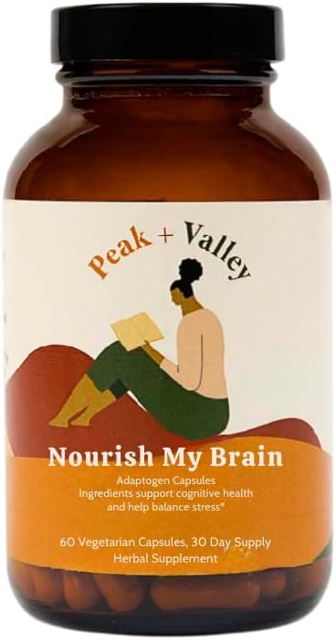 Peak + Valley Nootropic Brain Support Suplemento para Memoria " Focus with Lion's Mane Mushroom " Ashwagandha - 60 Ct Adaptogen Capsules - Adultos/Seniores - Cognitive, Brain Fog, Energy Formula