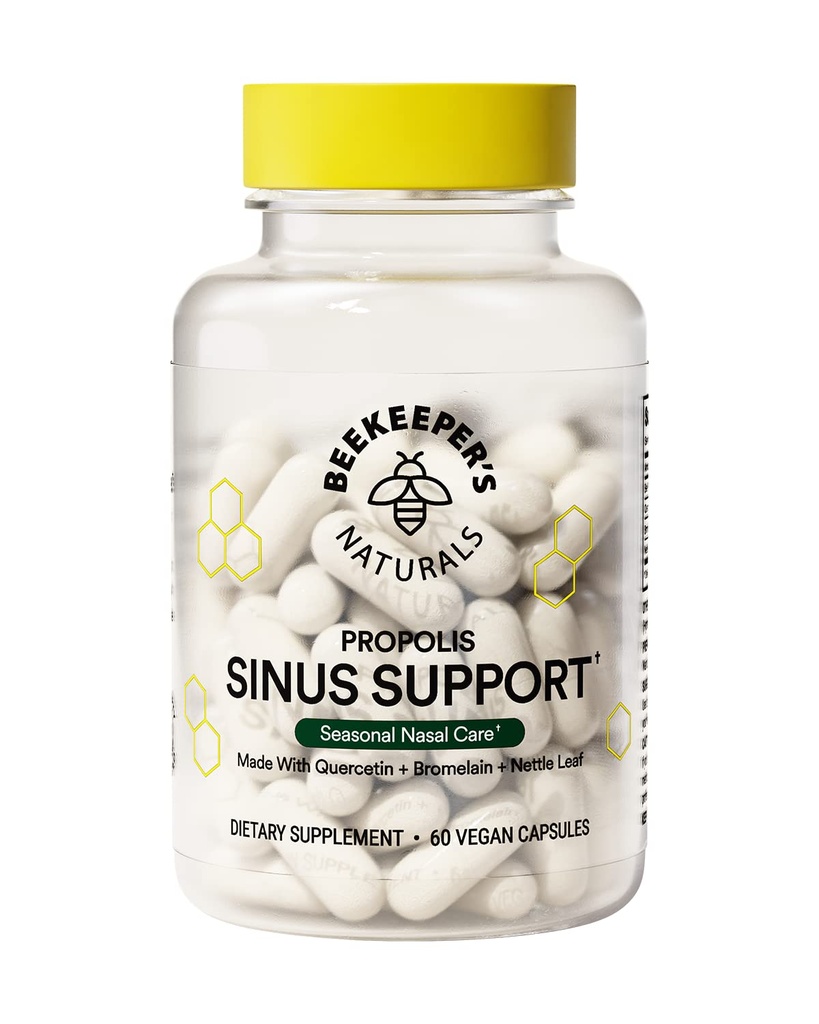 Beekeeper's Naturals All Natural Sinus Support for Adults, Seasonal Nasal Care Relief with Propolis, Quercetin, Bromelain, Nettle Leaf, " Vegan Capsule, Blocks or Suppresses Histamine, 60 ct