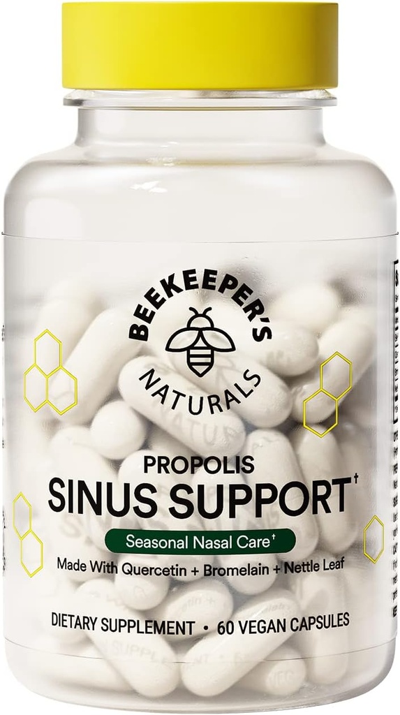 Beekeeper's Naturals All Natural Sinus Support for Adults, Seasonal Nasal Care Relief with Propolis, Quercetin, Bromelain, Nettle Leaf, " Vegan Capsule, Blocks or Suppresses Histamine, 60 ct