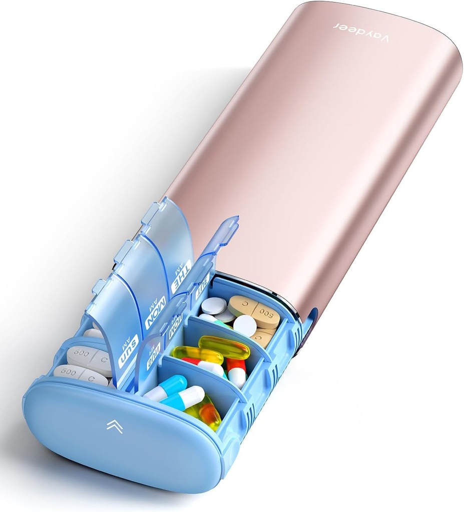 Vaydeer 7 días organizador semanal de píldoras 2 veces al día, caja de metal Am Pm Travel Pill, caja de triples de capacidad diaria para suplementos, píldoras, vitaminas y medicamentos (oro rosa)