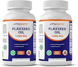 Vitamatic 2 Pack Flaxseed Oil 1200mg 120 de Cold Pressed Flax Seed - 675 mg de ALA Omega 3 ácidos grasos para mejorar la salud cardíaca