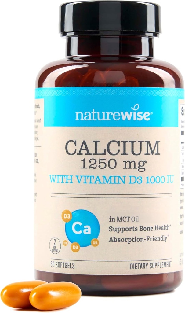NatureWise High-Purity, All-Natural Calcium 1250mg + Vitamin D3 1000IU + Organic MCT Coconut Oil - Embarazo Seguro + No GMO - Absorción Friendly, Gluten Free - 60 Softgels[30-Day Supply]