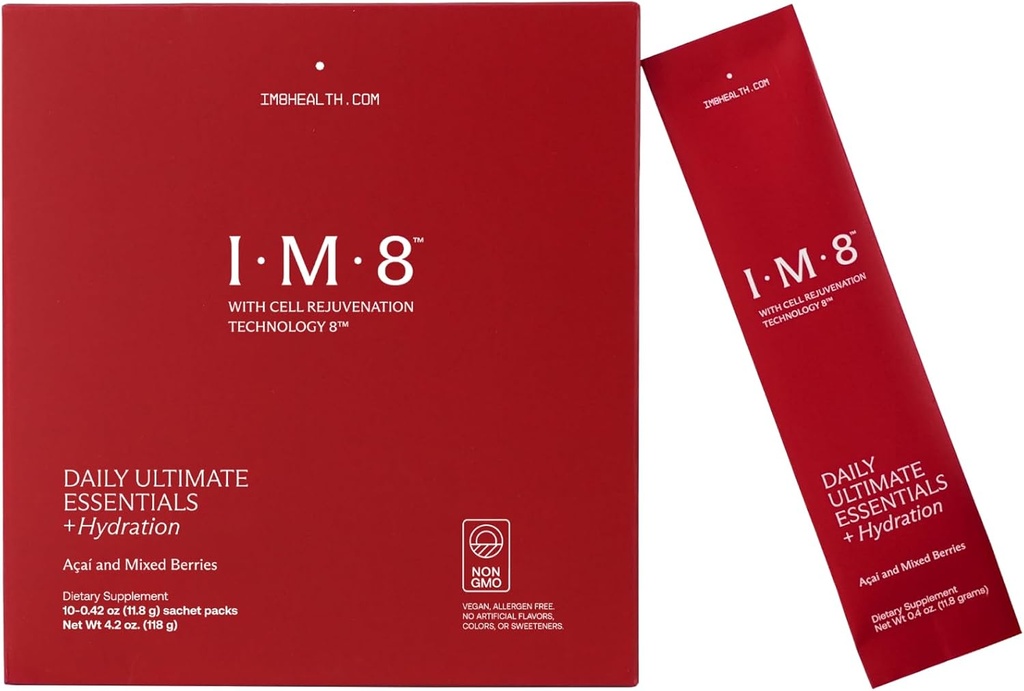 IM8 Daily Ultimate Essentials All-in-One Multivitamin Suplemento, 92 Nutrient Rich Ingredients CoQ10, Probiotics, Vitamins, Greens, Gluten Free, Vegan, Acai Mixed Berry (10 Servings, Travel Packs)
