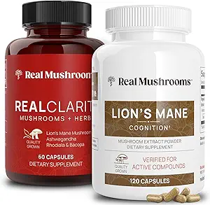 Real Mushrooms RealClarity (60ct) y Lions Mane (120ct) Capsules Bundle - Mushroom Supplement for Brain Health, Mental Clarity, Focus, Cognition & Immune Support - Brain Vitamins w/Ashwagandha