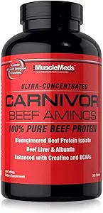 MuscleMeds Carnivor Beef Aminos, Beef Protein Isolate, Beef Liver, Beef Albumin, Creatine, BCAAs for Recovery and Muscle Growth, 300 Tablets