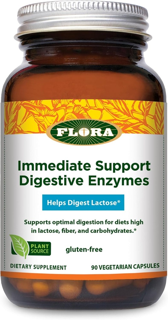 Udo's Choice Flora - Immediate Support Digestive Enzymes - Supports Lactose Digestion, Bloating, Heartburn & Gas - Contains 7 Enzymes - Gluten-Free - 90 Vegetarian Capsules