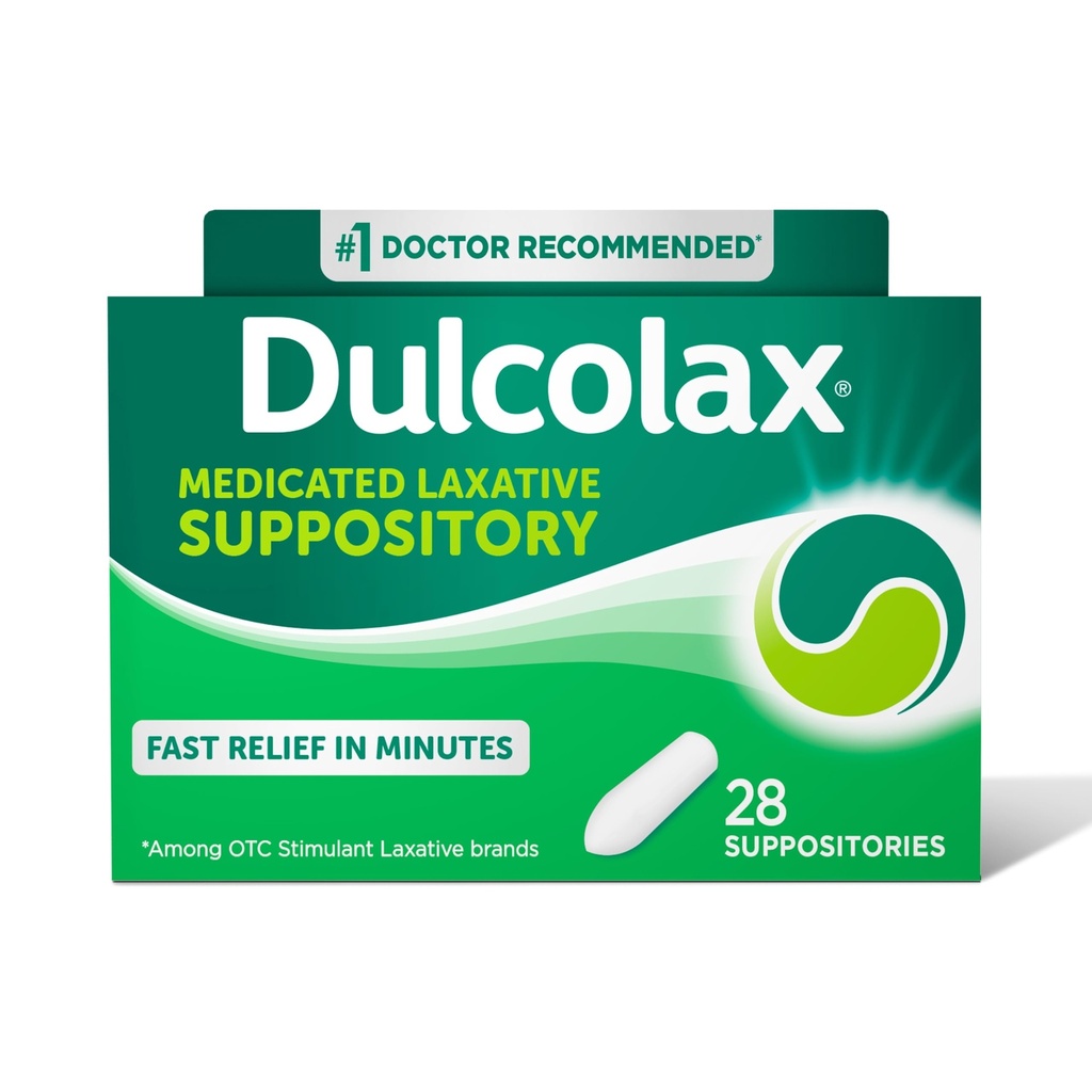 Dulcolax Stimulant Laxative Medicated Suppositories, Predictable & Effective Constipation Relief, Bisacodyl 10 mg, 28 Count, Stimulant Laxatives
