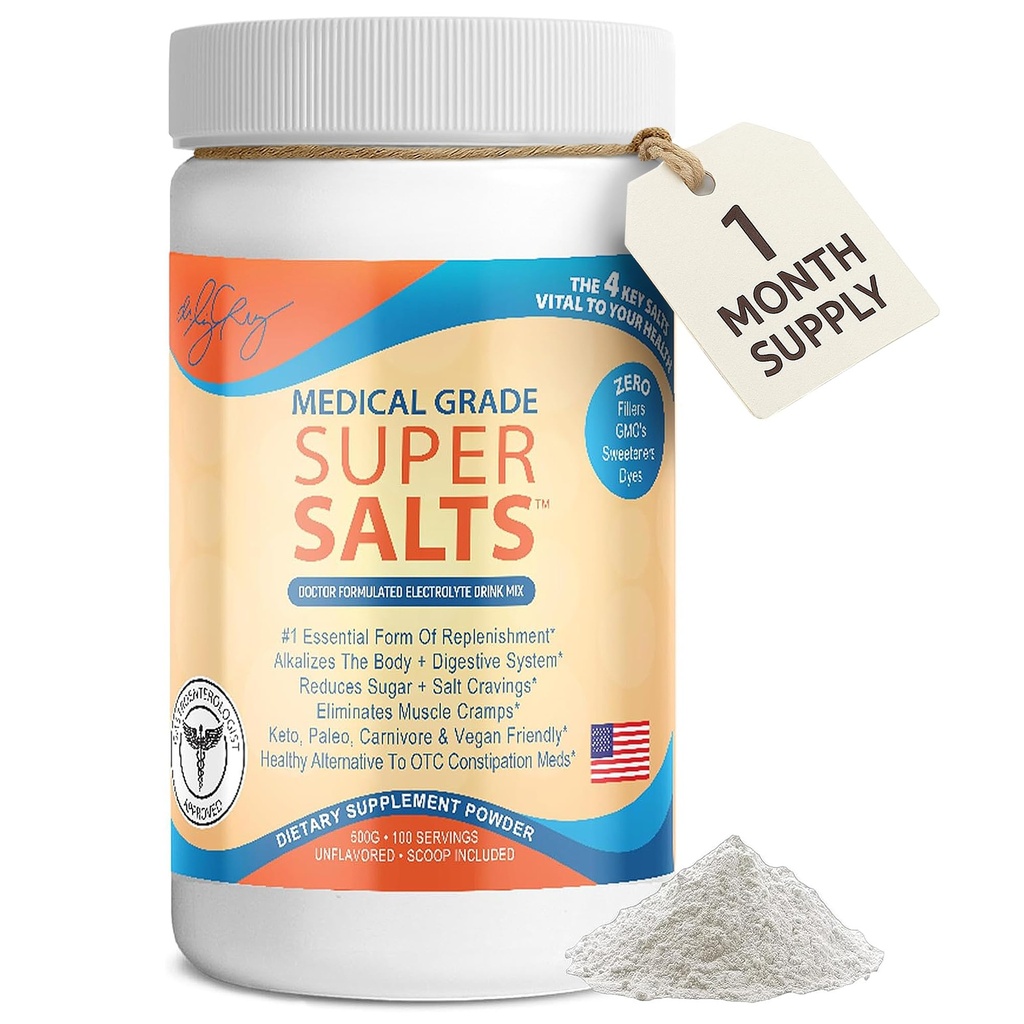 Dr. Liz Cruz Super Salts - Electrolitos, Hidrating Powder w/ Sodium, Magnesium, Calcio, Potasio, Curbs Cravings, No Sugar o Sabor Artificial