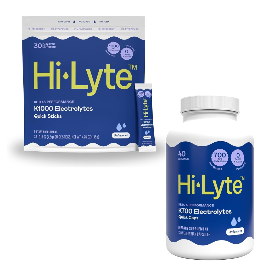 Hi-Lyte Hydration Bundle - Keto K1000 Unflavored Electrolyte Packets (30 Servings) and Keto K700 Elecrolyte Capsules (120 Caps)