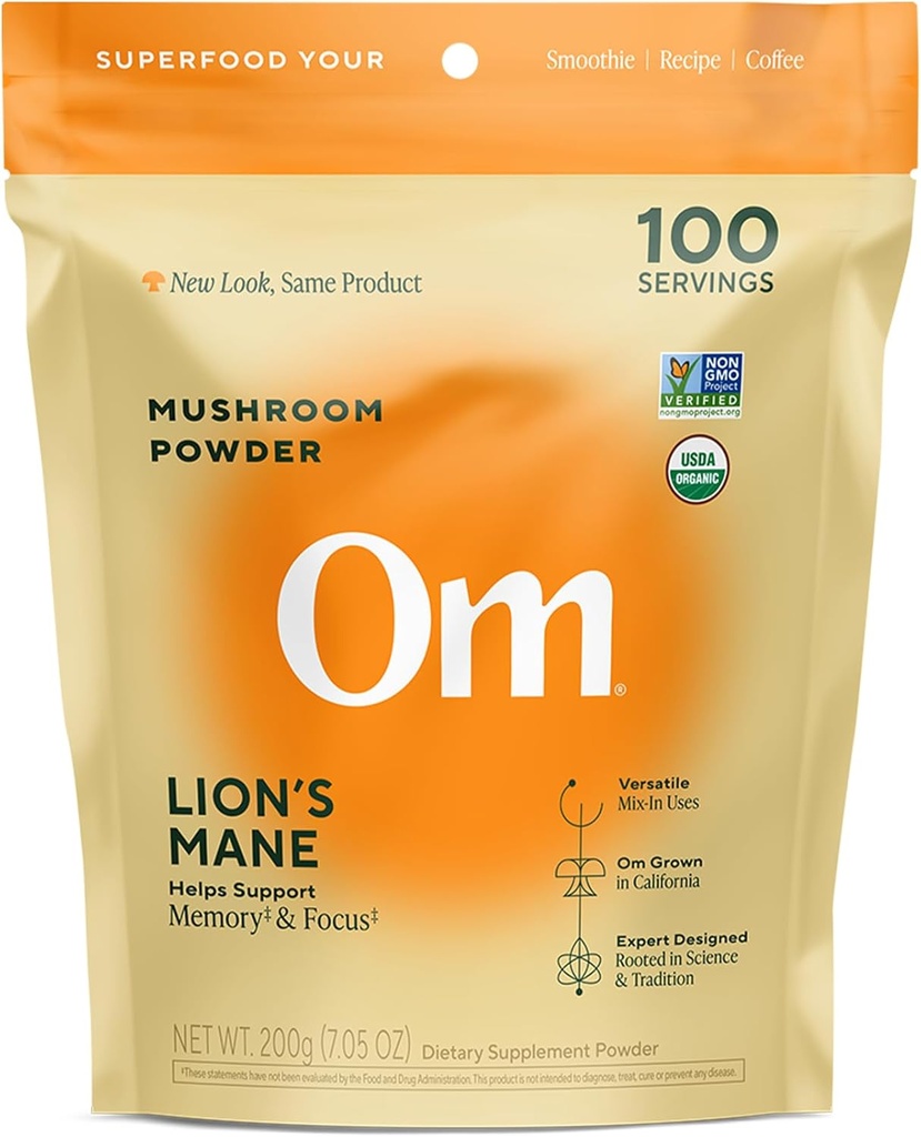 Om Lion’s Mane Mushroom Powder - Suplemento orgánico de setas y Nootropic - Memoria de apoyo, Focus y Nerve Health, 7.05 oz (100 servidumbres)